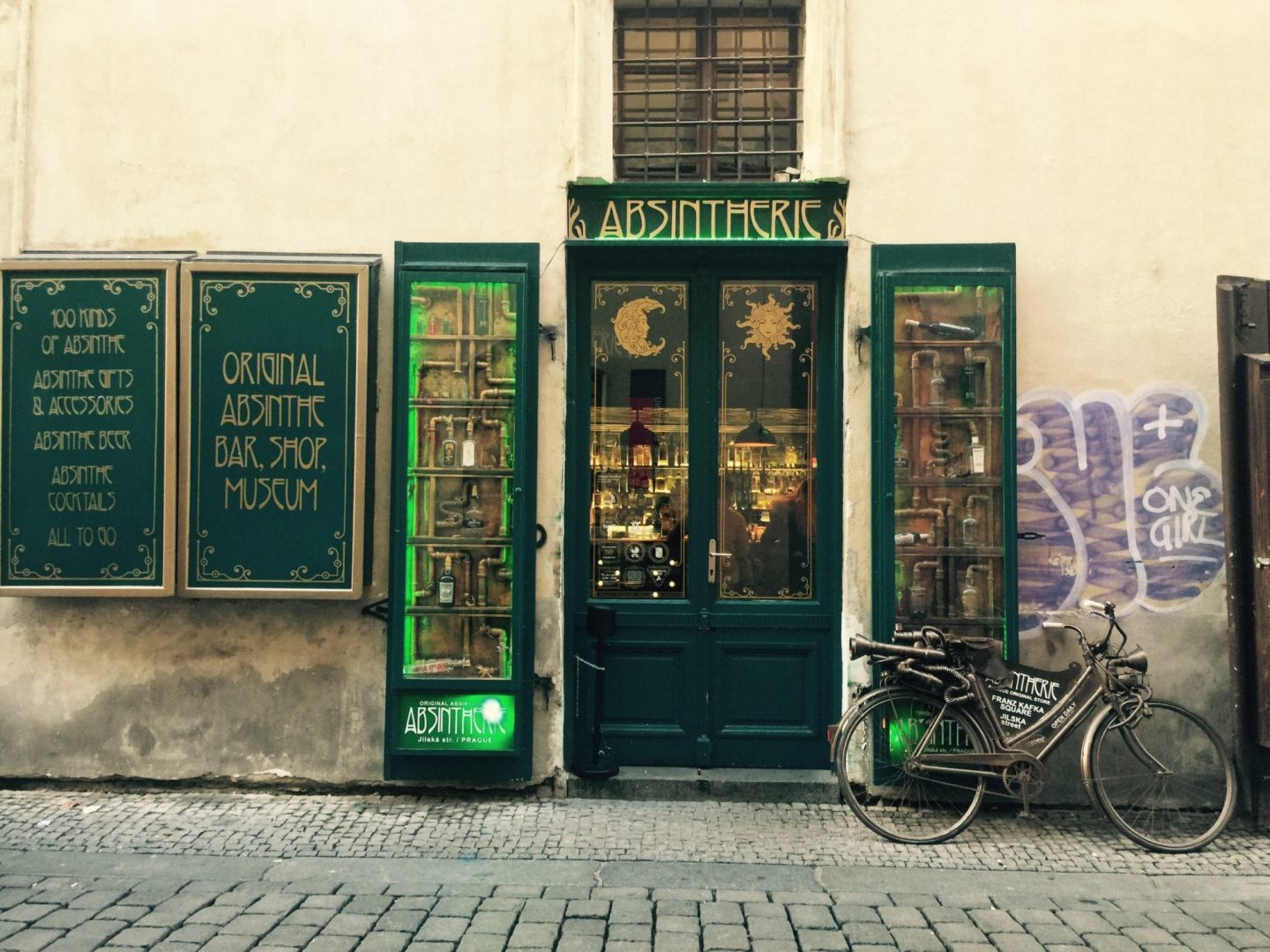 Front door of the famous czech bar Absintherie, famous for the absinthe-based drinks.